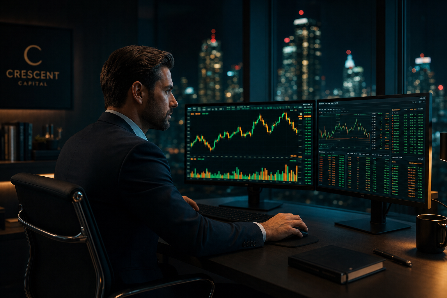 Trader analyzing live market charts on dual monitors