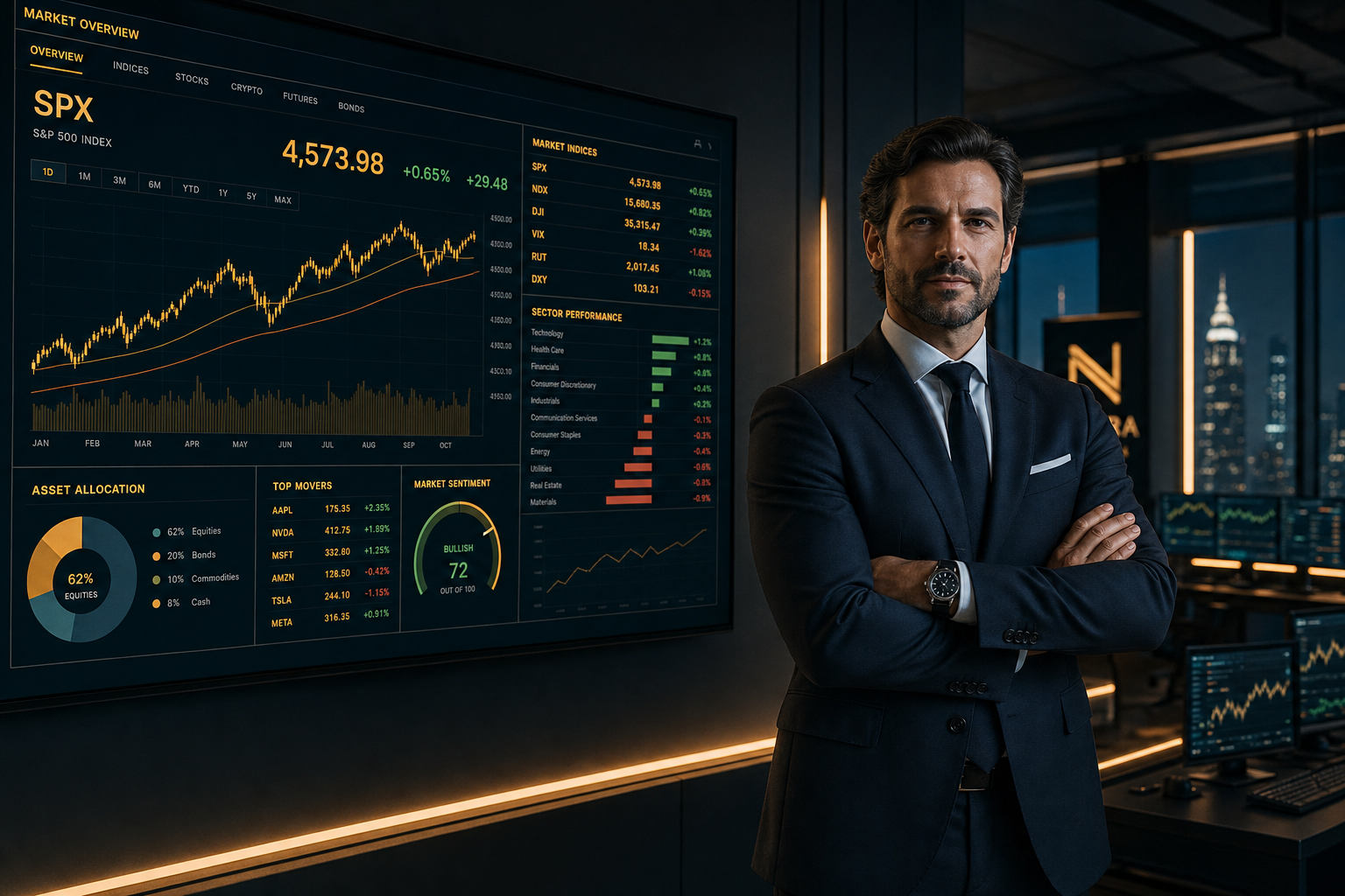 AlphaTrend leadership before a live market overview terminal
